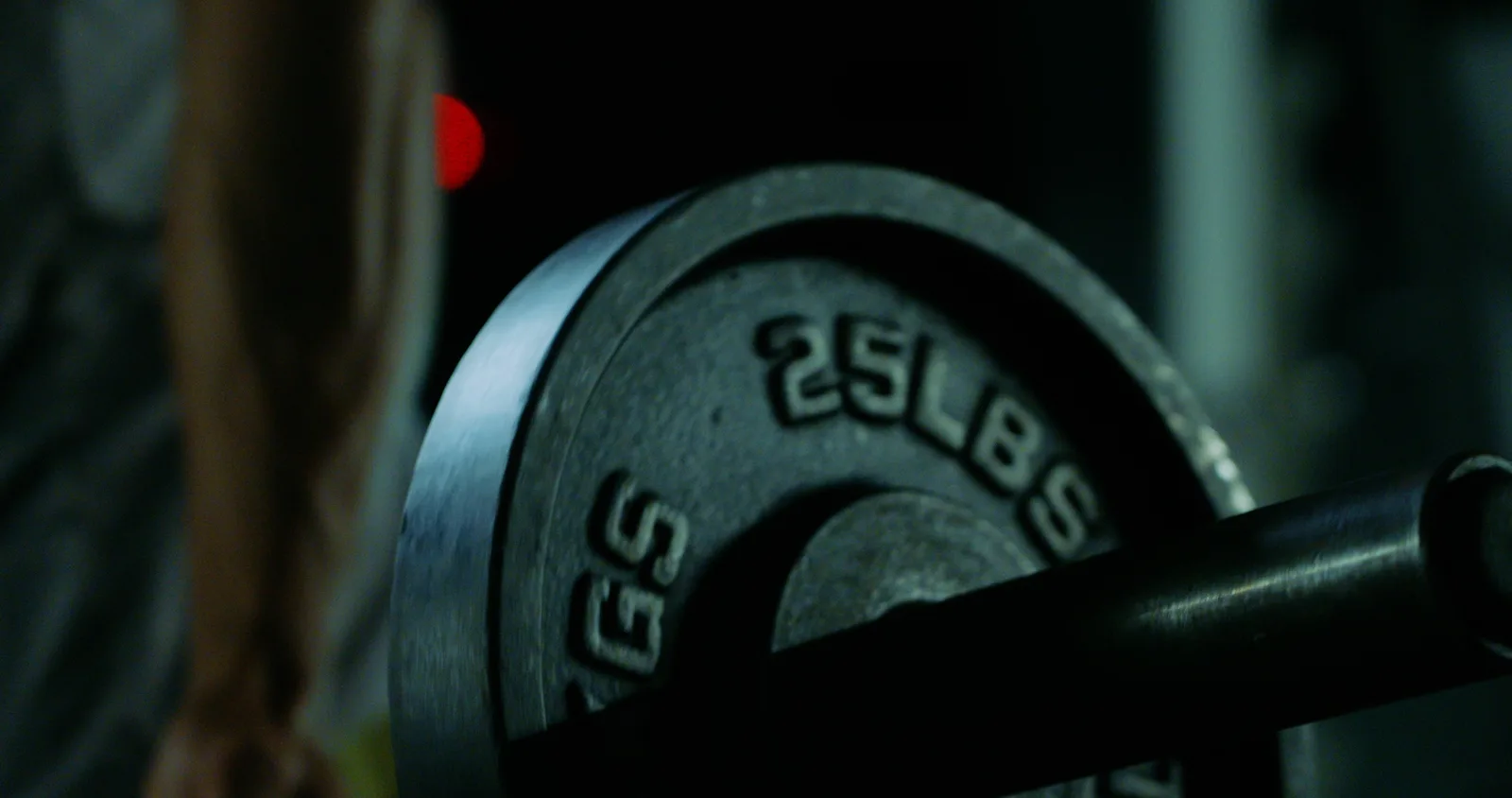 A 25 lb plate on a barbell, shallow focus